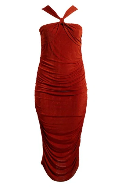 24seven Comfort Apparel Cross Neck Stretch Body-con Dress In Rust