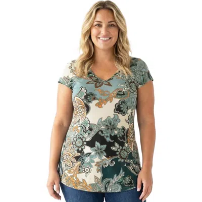 24seven Comfort Apparel Curvy Basic Floral Print V-neck Short Sleeve Flared Tunic Top In Multi