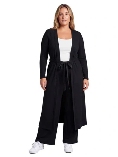24seven Comfort Apparel Curvy Basic Long Sleeve Tie Waist Soft Jacket And Elastic Waist Wide Leg Pan In Black