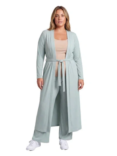 24seven Comfort Apparel Curvy Basic Long Sleeve Tie Waist Soft Jacket And Elastic Waist Wide Leg Pan In Blue