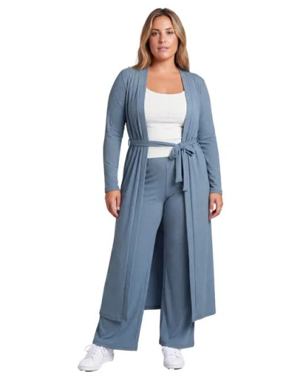 24seven Comfort Apparel Curvy Basic Long Sleeve Tie Waist Soft Jacket And Elastic Waist Wide Leg Pan In Blue