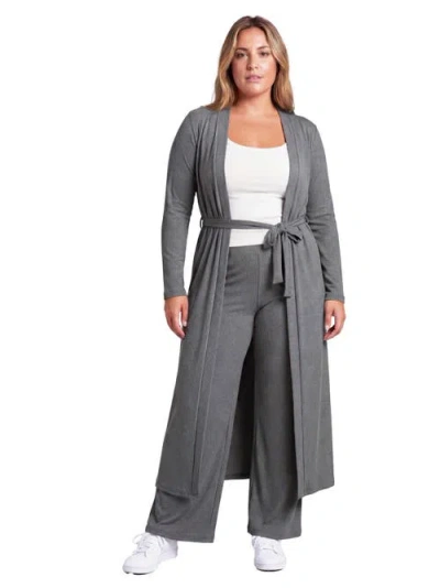 24seven Comfort Apparel Curvy Basic Long Sleeve Tie Waist Soft Jacket And Elastic Waist Wide Leg Pan In Multi
