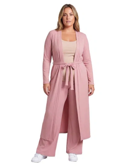 24seven Comfort Apparel Curvy Basic Long Sleeve Tie Waist Soft Jacket And Elastic Waist Wide Leg Pan In Animal Print