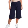 24seven Comfort Apparel Curvy Basic Ribbed Knit Drawstring Flared Capri Pants In Blue