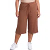 24seven Comfort Apparel Curvy Basic Ribbed Knit Drawstring Flared Capri Pants In Brown