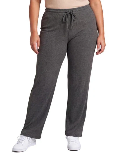 24seven Comfort Apparel Curvy Basic Ribbed Knit Drawstring Straight Leg Lounge Pants In Gray