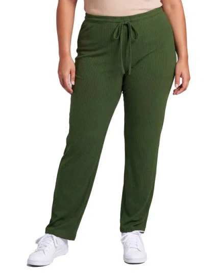 24seven Comfort Apparel Curvy Basic Ribbed Knit Drawstring Straight Leg Lounge Pants In Green