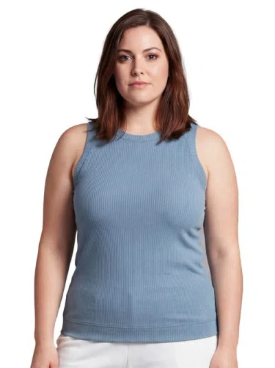 24seven Comfort Apparel Curvy Basic Ribbed Knit Round Neck Sleeveless Tank Top In Blue
