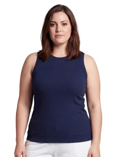 24seven Comfort Apparel Curvy Basic Ribbed Knit Round Neck Sleeveless Tank Top In Blue