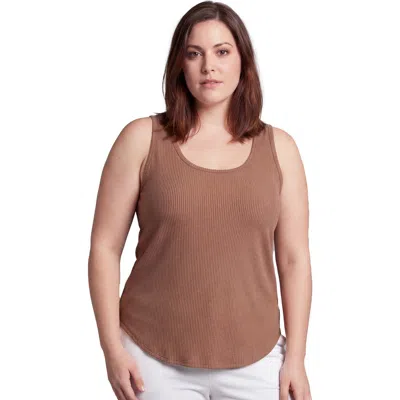 24seven Comfort Apparel Curvy Basic Ribbed Knit Sleeveless Scoop Neck Long Flared Tank Top In Brown