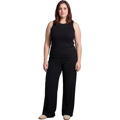 24seven Comfort Apparel Curvy Basic Ribbed Knit Tank Top And Elastic Waist Wide Leg Pant Set In Black