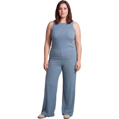 24seven Comfort Apparel Curvy Basic Ribbed Knit Tank Top And Elastic Waist Wide Leg Pant Set In Blue