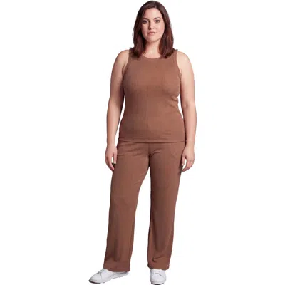 24seven Comfort Apparel Curvy Basic Ribbed Knit Tank Top And Elastic Waist Wide Leg Pant Set In Brown