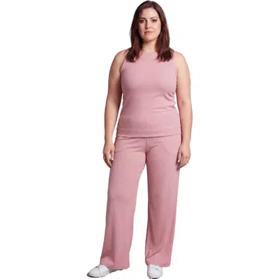 24seven Comfort Apparel Curvy Basic Ribbed Knit Tank Top And Elastic Waist Wide Leg Pant Set In Pink
