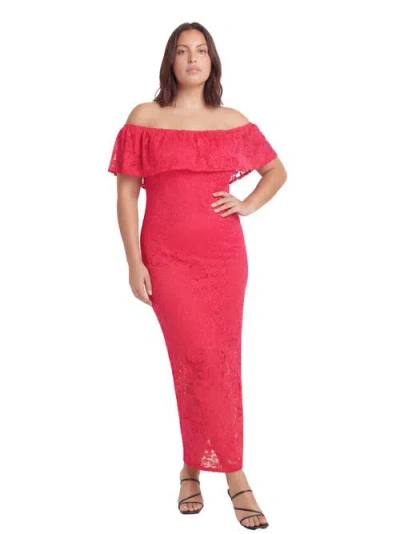 24seven Comfort Apparel Curvy Elevate Lace Off The Shoulder Side Slit Body-con Maxi Dress In Red