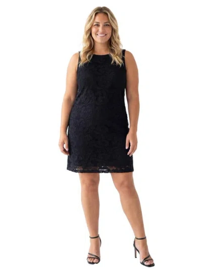 24seven Comfort Apparel Curvy Elevate Lace Sleeveless Boat Neck Mini Shift Dress In Black