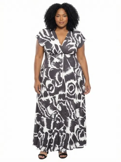 24seven Comfort Apparel Curvy Essential Abstract V-neck Empire Waist Cap Sleeve Maxi Dress In Multi