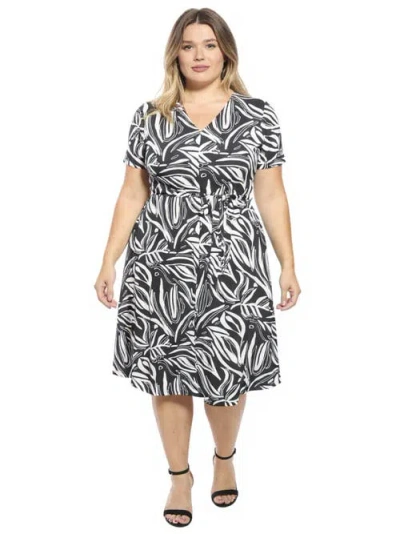 24seven Comfort Apparel Curvy Essential Abstract V-neck Short Sleeve A-line Midi Dress In Multi