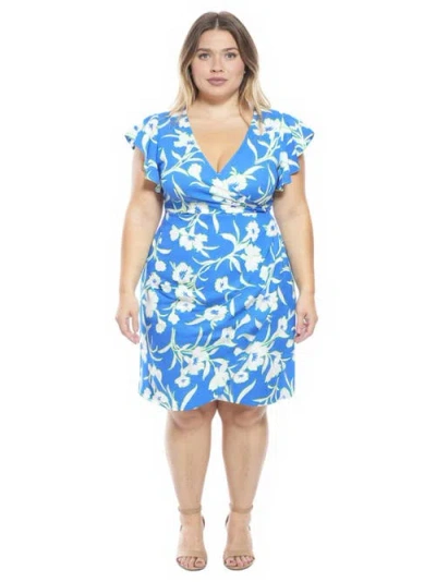 24seven Comfort Apparel Curvy Essential Floral Flutter Sleeve Faux Wrap Knee Length Dress In Blue