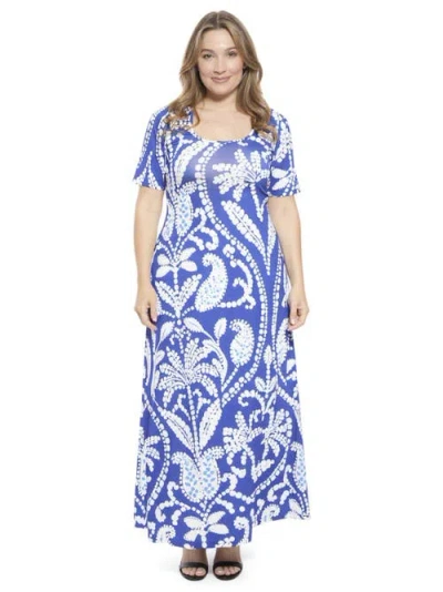 24seven Comfort Apparel Curvy Essential Paisley Scoop Neck Elbow Sleeve A-line Maxi Dress In Blue