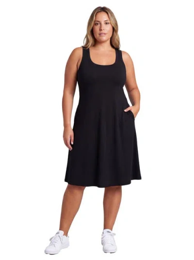 24seven Comfort Apparel Curvy Essential Ribbed Knit Sleeveless Scoop Neck Pocket A-line Midi Dress In Black