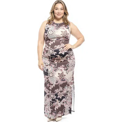 24seven Comfort Apparel Curvy Essential Sleeveless Round Neck Side Slit Bodycon A-line Maxi Dress In Multi