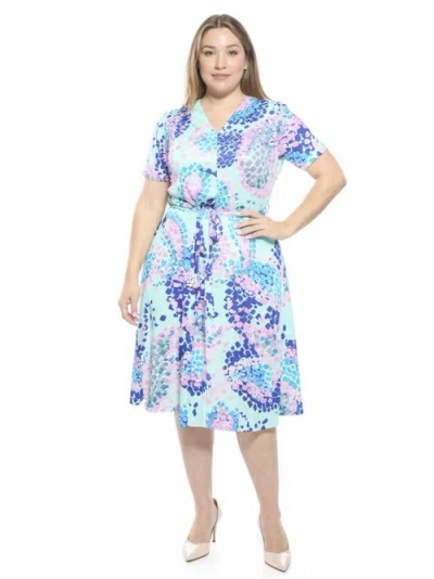 24seven Comfort Apparel Curvy Essential V-neck Short Sleeve A-line Midi Dress In Blue