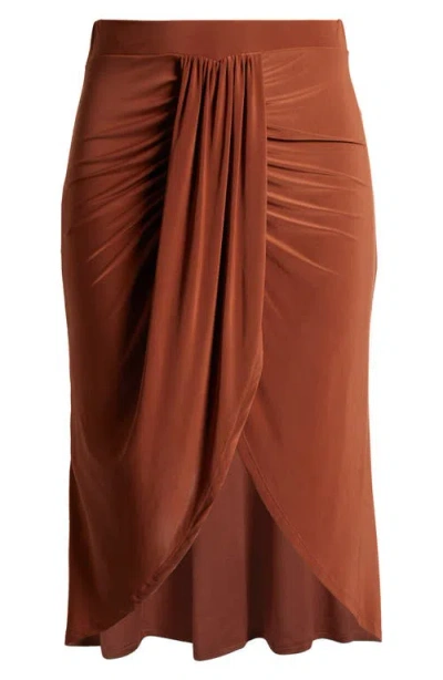 24seven Comfort Apparel Draped Wrap Skirt In Tobacco