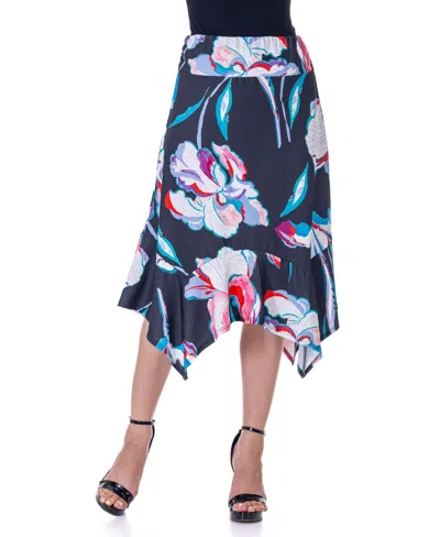 24seven Comfort Apparel Elastic Waist Floral Knee Length Handkerchief Hemline Skirt In Miscellane