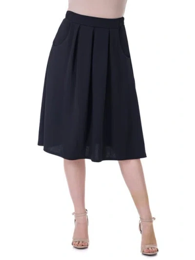 24seven Comfort Apparel Elastic Waist Pleated Knee Length Pocket Skirt In Blue
