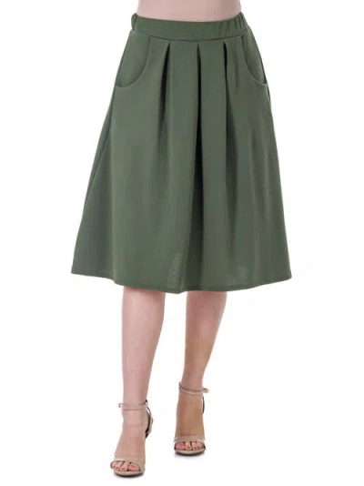 24seven Comfort Apparel Elastic Waist Pleated Knee Length Pocket Skirt In Green