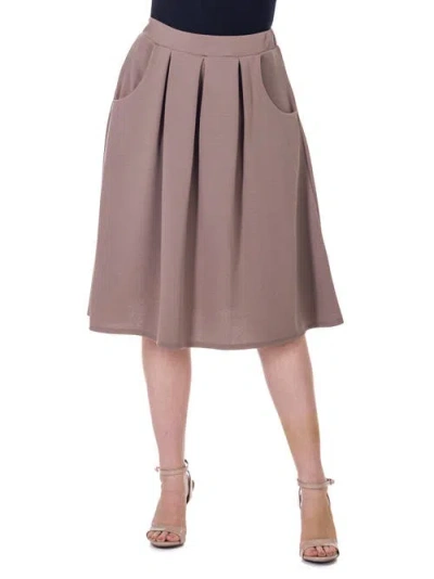 24seven Comfort Apparel Elastic Waist Pleated Knee Length Pocket Skirt In Brown