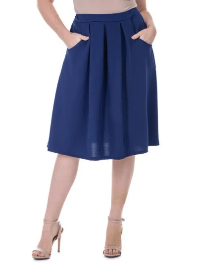 24seven Comfort Apparel Elastic Waist Pleated Knee Length Pocket Skirt In Blue