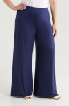 24seven Comfort Apparel Plus Size Elastic Waist Flared Leg Palazzo Pants In Navy