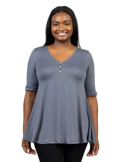 24seven Comfort Apparel Elbow Sleeve Henley Tunic Top In Gray