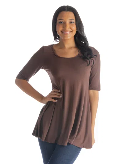 24seven Comfort Apparel Elbow Sleeve Swing Tunic Top For Women In Brown