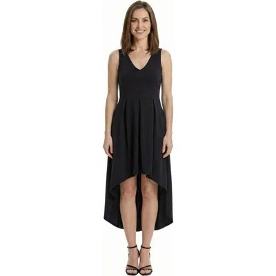 24seven Comfort Apparel Petite Sleeveless V Neck High Low Pleated Fit N Flare Pocket Midi Dress In Black