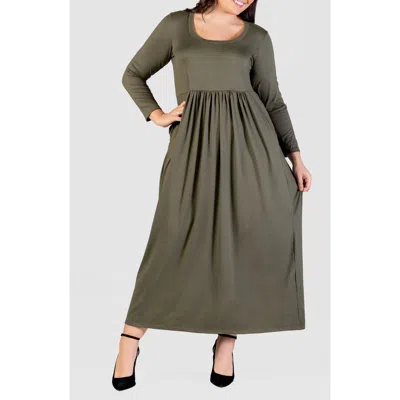 24seven Comfort Apparel Long Sleeve Empire Waist Pocket Maxi Dress In Green