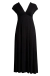 24seven Comfort Apparel Empire Waist V-neck Stretch Dress In Black