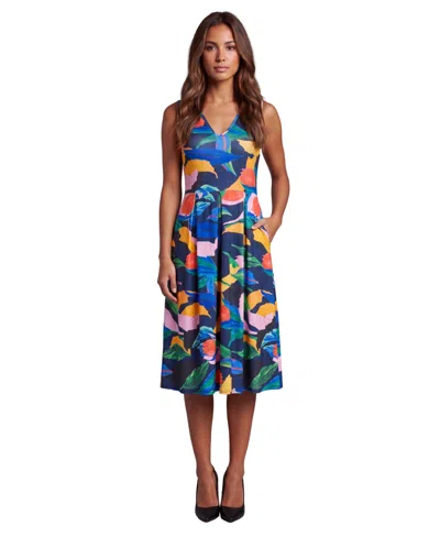24seven Comfort Apparel Essential Petite Floral Print Midi Dress In Blue