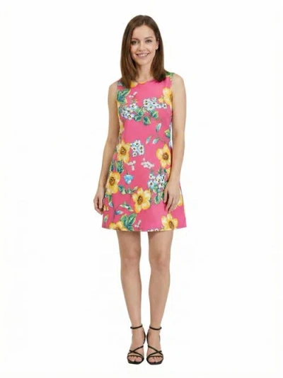 24seven Comfort Apparel Essential Petite Floral Round Neck Sleeveless Mini Shift Dress In Pink