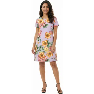 24seven Comfort Apparel Essential Petite Floral Short Sleeve Round Neck Mini Shift Dress In Blue