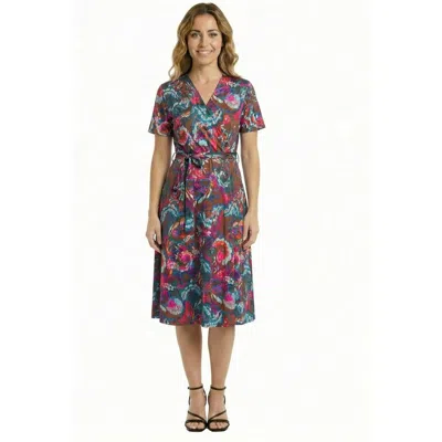 24seven Comfort Apparel Essential Petite Paisley Print Short Sleeve Tie Waist Midi Dress In Multi
