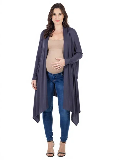 24seven Comfort Apparel Extra Long Open Front Maternity Cardigan In Gray