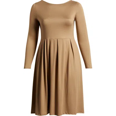 24seven Comfort Apparel Fit & Flare Long Sleeve Jersey Midi Dress In Wheat