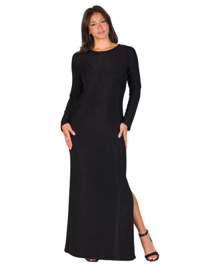 24SEVEN COMFORT APPAREL 24SEVEN COMFORT APPAREL FITTED LONG SLEEVE SHIMMERY FABRIC SIDE SLIT MAXI DRESS