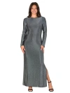 24seven Comfort Apparel Women's Fitted Long Sleeve Shimmery Side Slit Maxi Dress In Gray