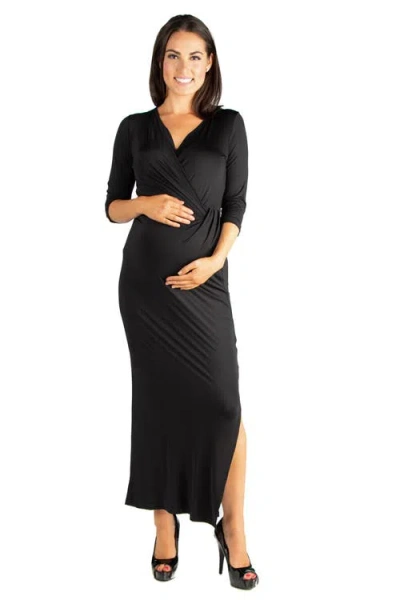 24seven Comfort Apparel Fitted V-neck Side Slit Maternity Maxi Dress In Black