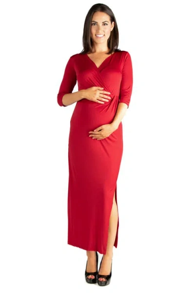 24seven Comfort Apparel Fitted V-neck Side Slit Maternity Maxi Dress In Red