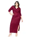 24seven Comfort Apparel Fitted V-neck Side Slit Maxi Dress In Burgundy